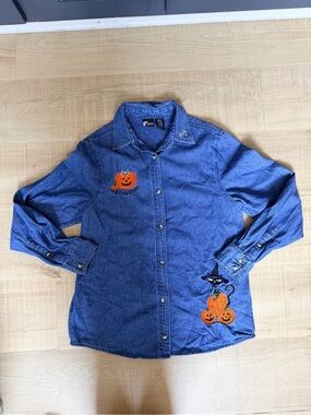 Vintage Holiday Editions Halloween Embroidered Denim Button Down Shirt Size S
